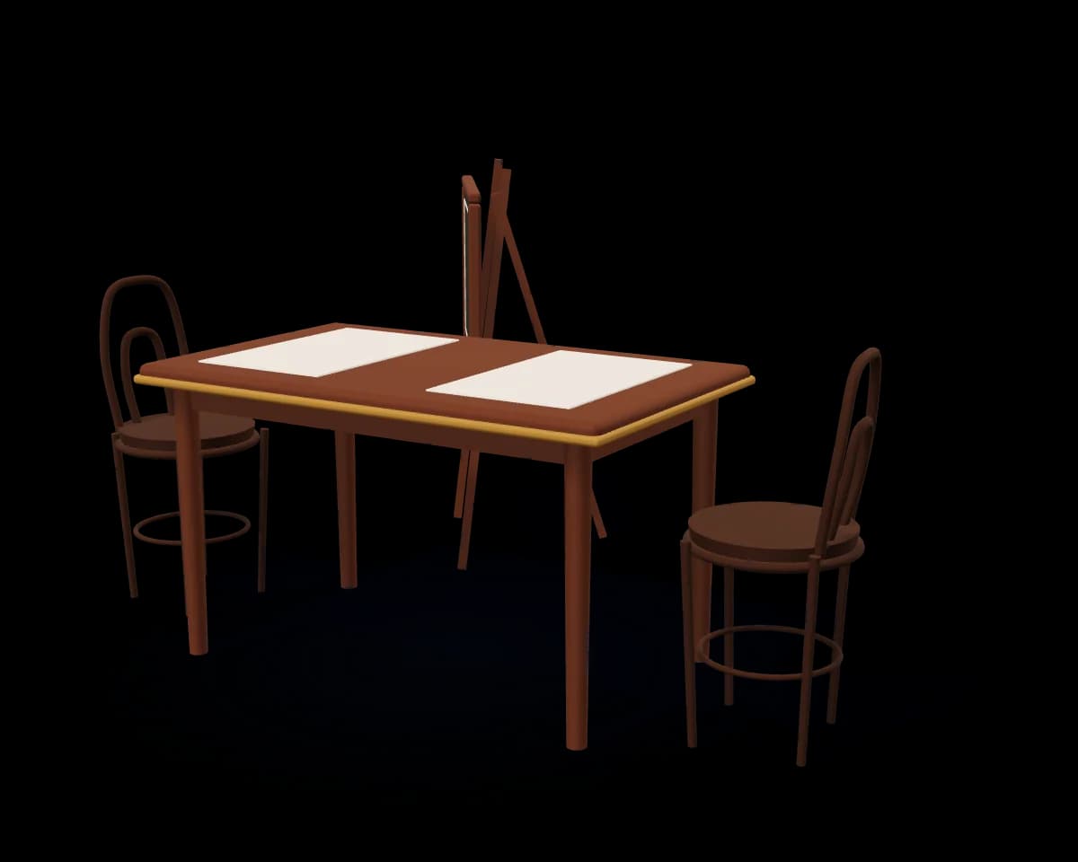 Kleimodel van een brasserietafel voor twee: eiken met een koperen rand, papieren onderleggers, twee gebogen houten stoelen en het krijtbord op een ezel erachter.
