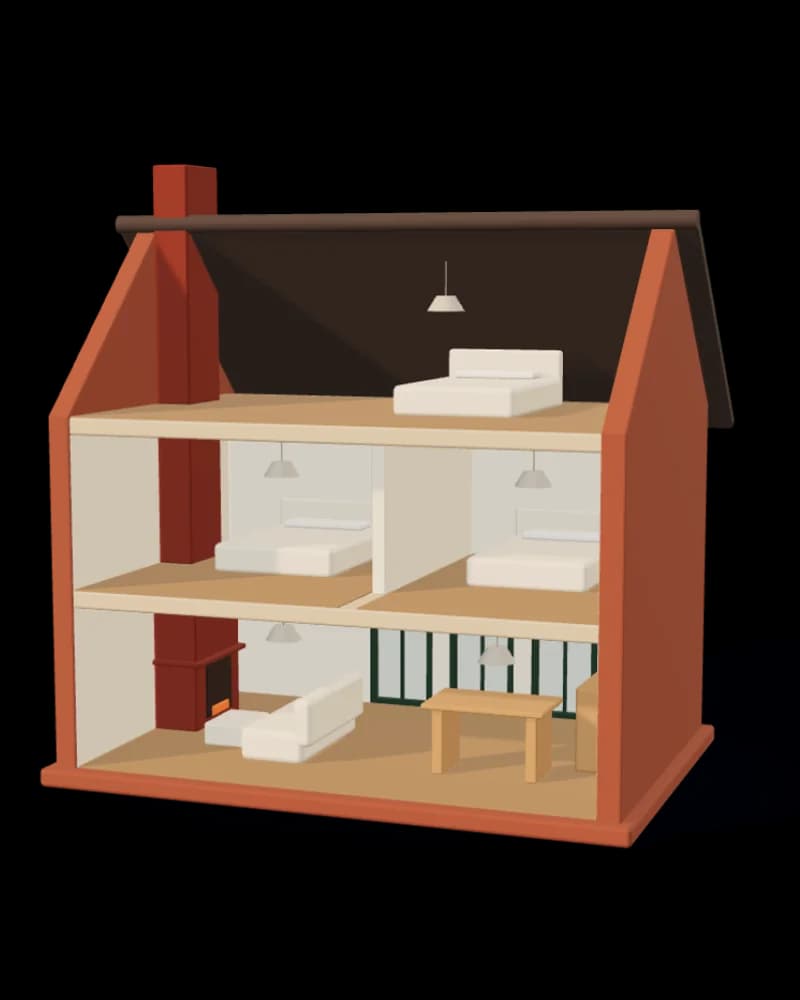 Kleimodel van een huis met een zadeldak, aan de voorkant open: beneden de leefruimte met een bakstenen haard en drie groene tuindeuren, daarboven twee slaapkamers en de zolder.
