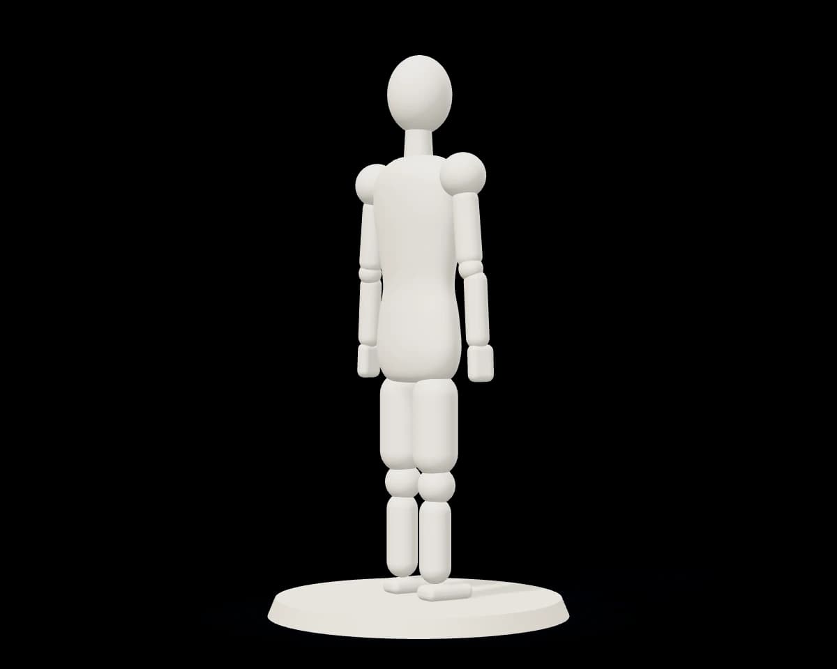 Een eenvoudige figuur in klei, zonder gezicht, op een ronde sokkel.