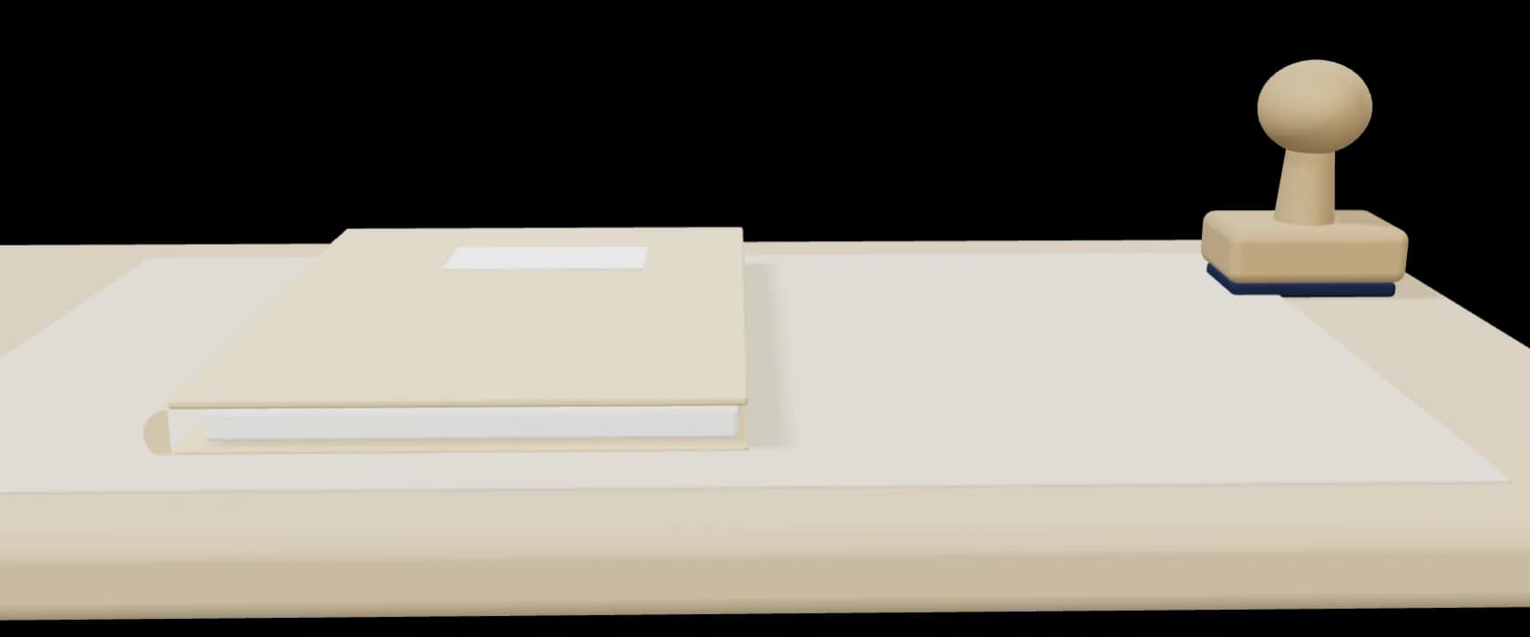 Een bureau in papierkleurige klei met een gesloten dossiermap en een houten stempel ernaast.