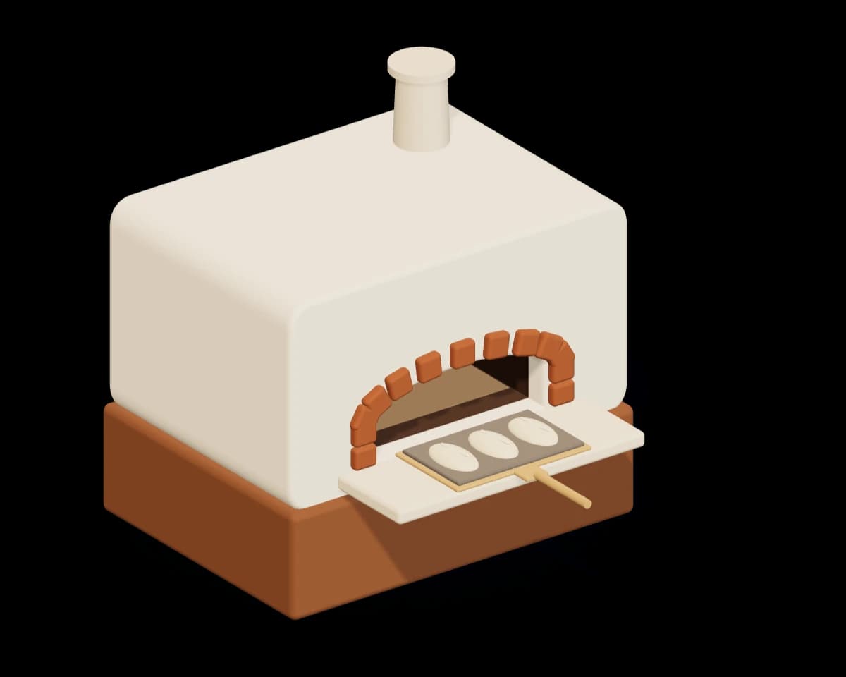 Een stenen broodoven in klei met een gebogen ovenmond. Op een houten schieter op de richel voor de oven ligt een plaat met drie broden.