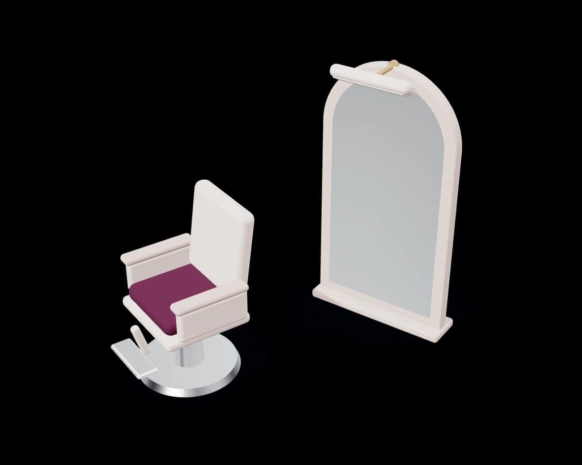 Een kappersstoel in klei met een pruimkleurige zitting op een pompvoet, voor een hoge spiegel met een ronde boog en een lamp erboven.