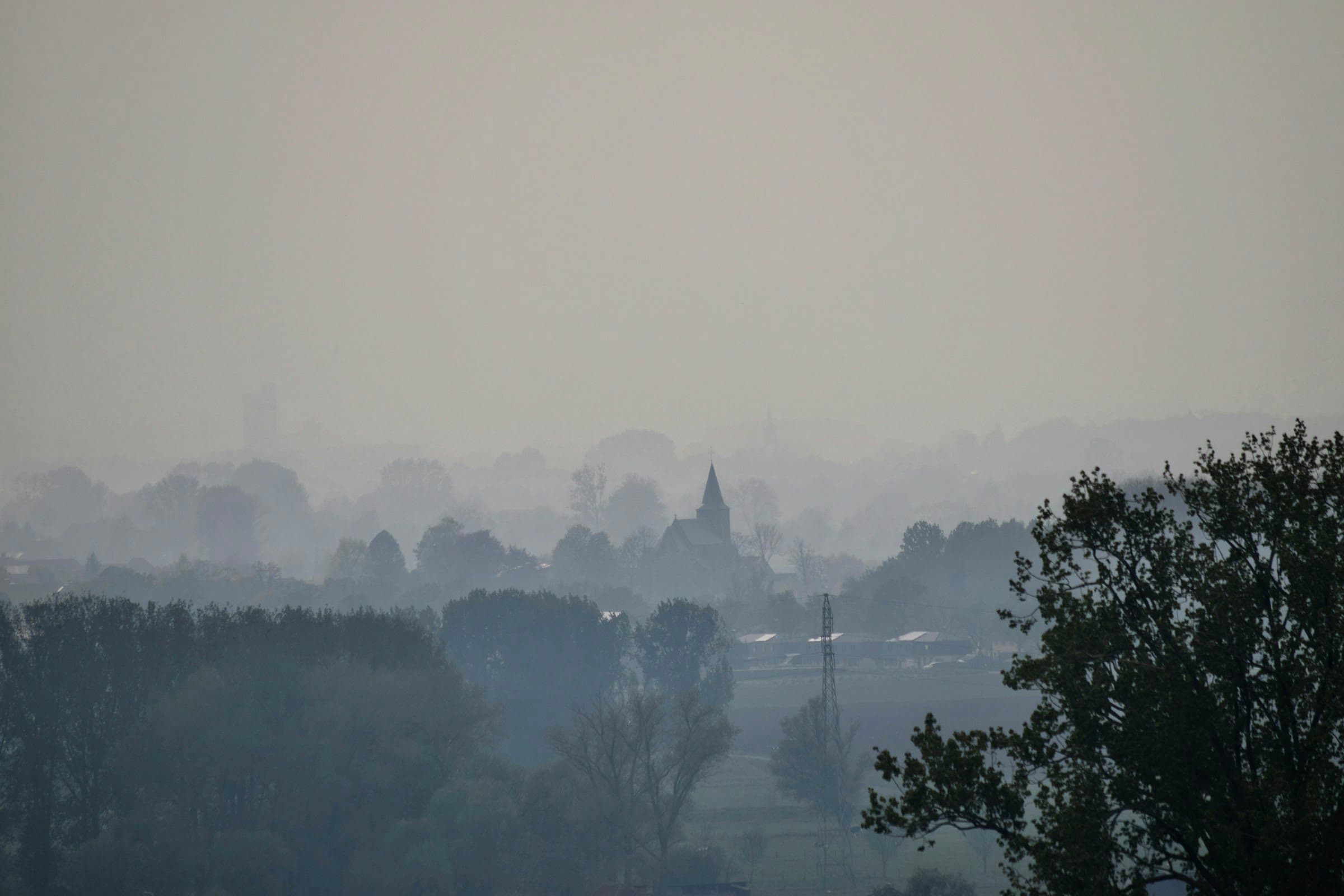 Ochtendnevel boven de Scheldevallei bij Ename, met de kerktoren tussen de bomen