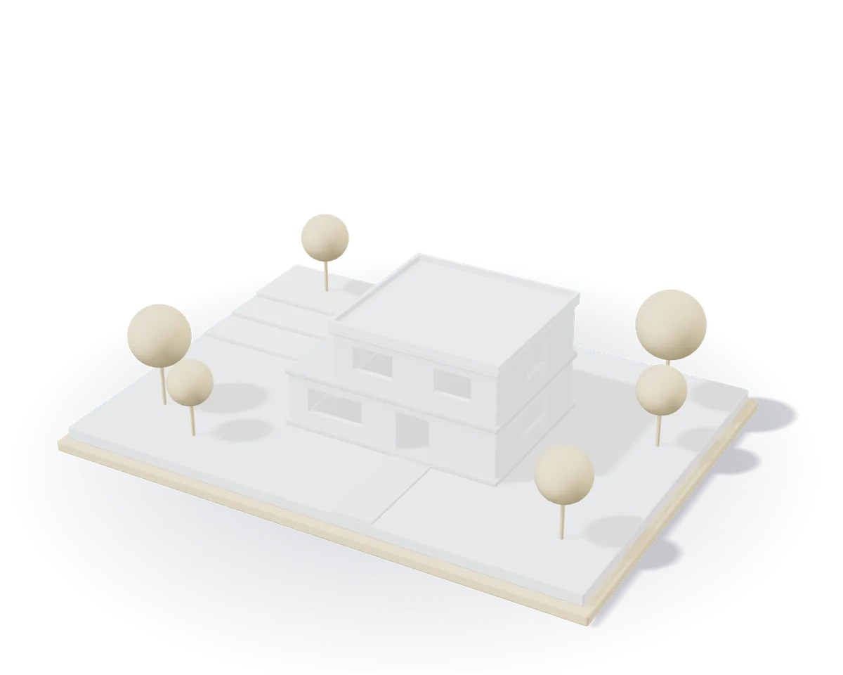 Witte maquette op een plaat van lindehout: een perceel met hoogtelijnen, bomen als bolletjes op stokjes en een woning uit twee volumes onder een plat dak